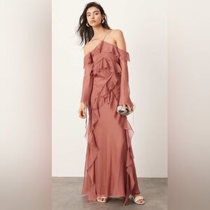 ASOS EDITION halter cold shoulder raw edge maxi dress in rose pink